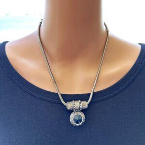 Pendant Necklace Antique Silver Tone Black Center 18 Inch Length